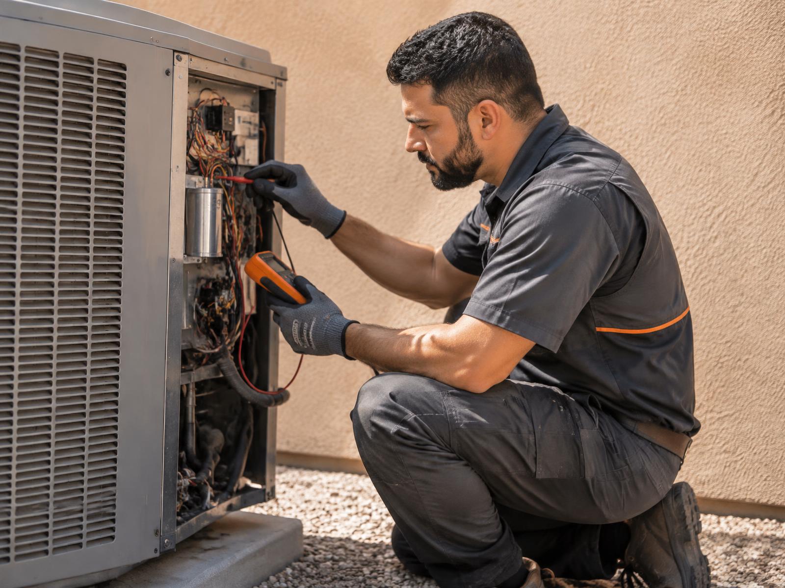 Summit technician repairing an outdoor air conditioning unit